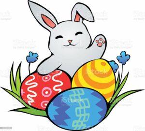 Easter bunny rabbit with three decorated Easter eggs. Vector illustration.